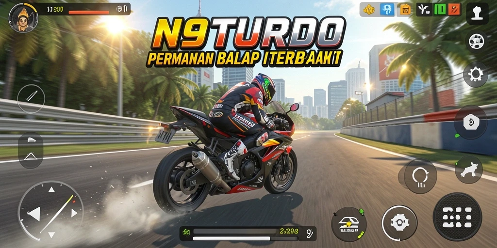 Tampilan gameplay N9TURBO yang seru dengan aksi balap motor.