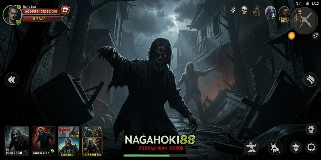 Screenshot gameplay NAGAHOKI88 menunjukkan suasana menegangkan dan mencekam.